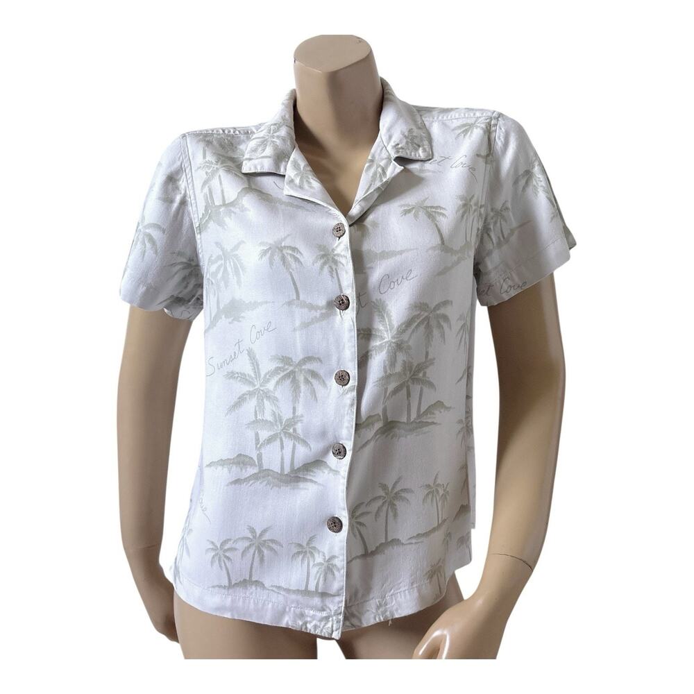 Sunset Cove Shirt Womens M Tropical Palm Tree Hawaiian Button Front Short Sleeve